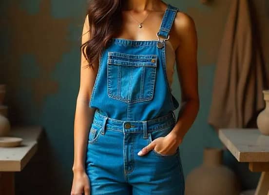 Woman in denim overalls wearing brown square toe Mary Jane shoes.